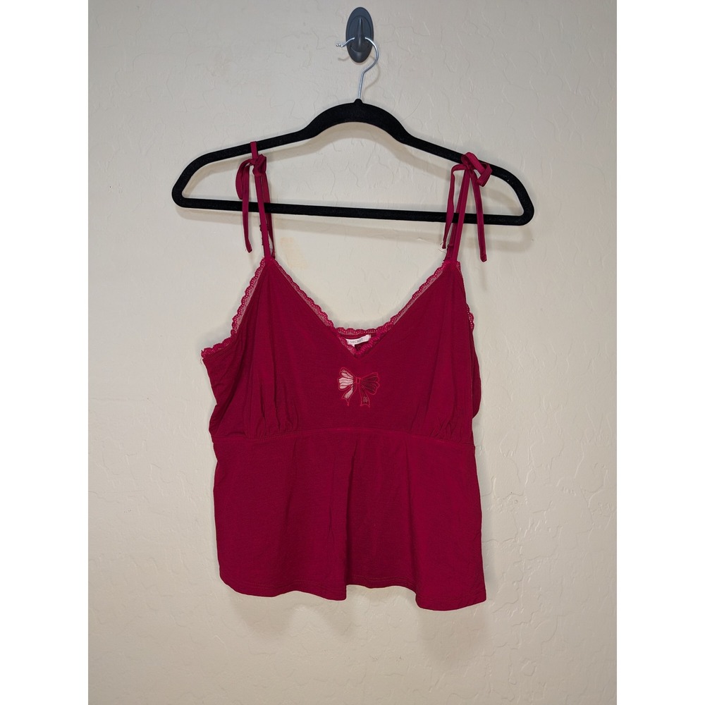 Victoria's Secret Red Lace Trim Bow Camisole Tie Shoulder Babydoll Top XL NEW